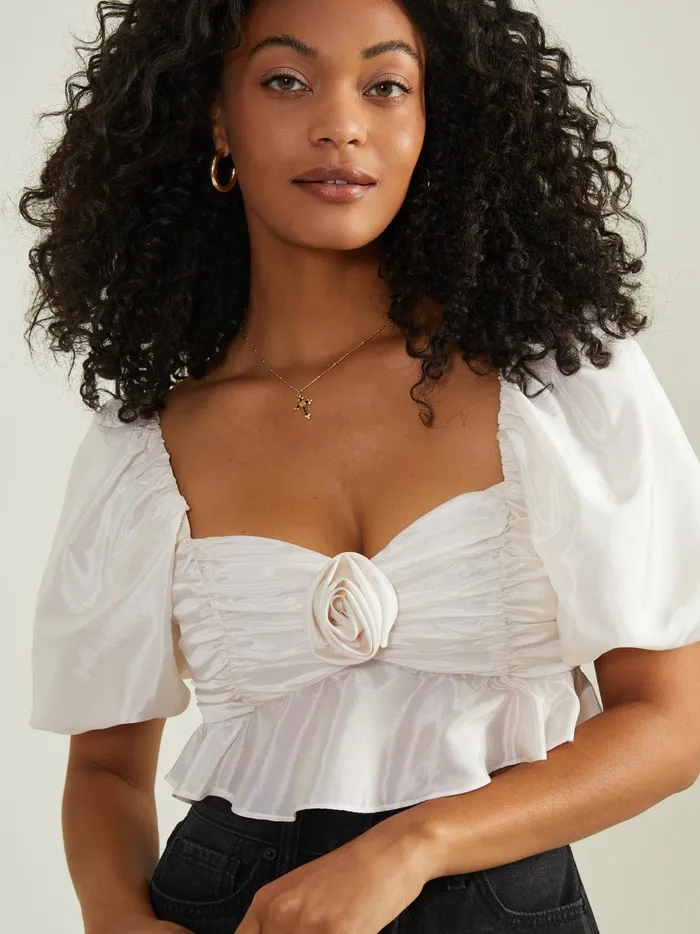 Women Krystal Rosette Peplum Top Ivory Altar039d State Blouses