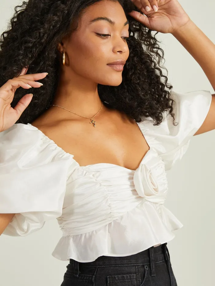Women Krystal Rosette Peplum Top Ivory Altar039d State Blouses