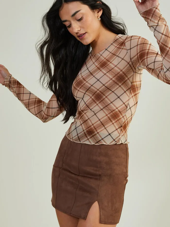 Women Lainey Plaid Mesh Top Brownmulti Altar039d State Blouses