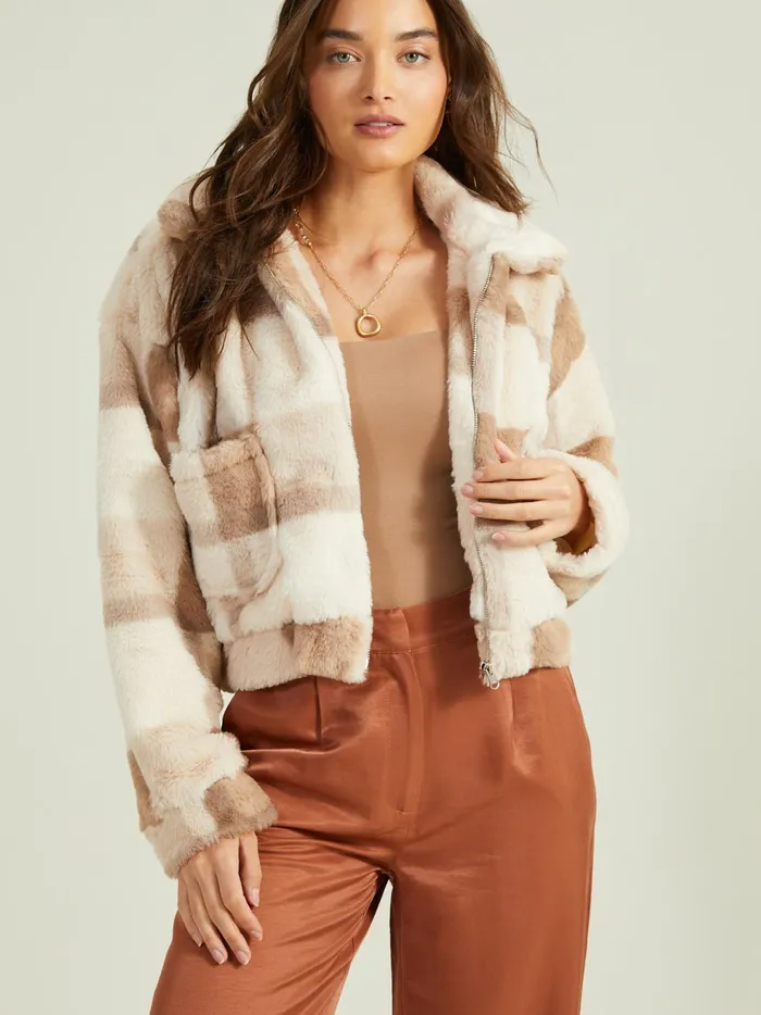 Women Lana Plaid Fur Jacket Taupemulti Altar039d State Jackets