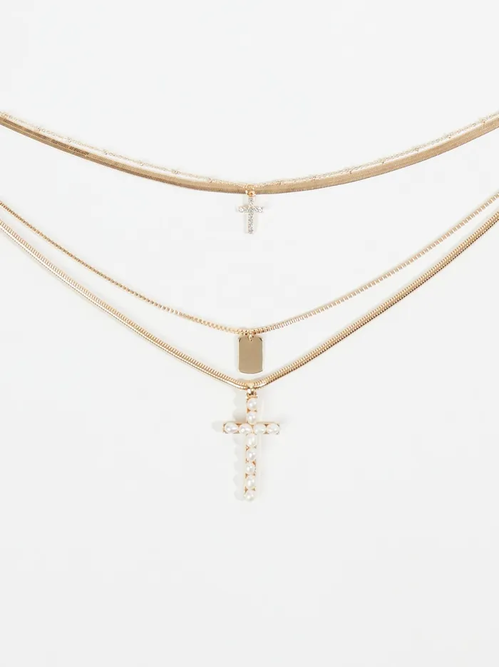 Women Layered Pearl Cross Pendant Necklace Gold Altar039d State Jewelry