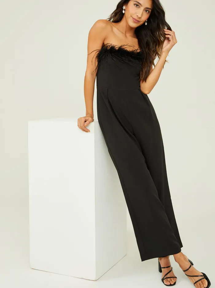 Women Leah Feather Trim Jumpsuit Black Altar039d State Rompers Jumpsuits