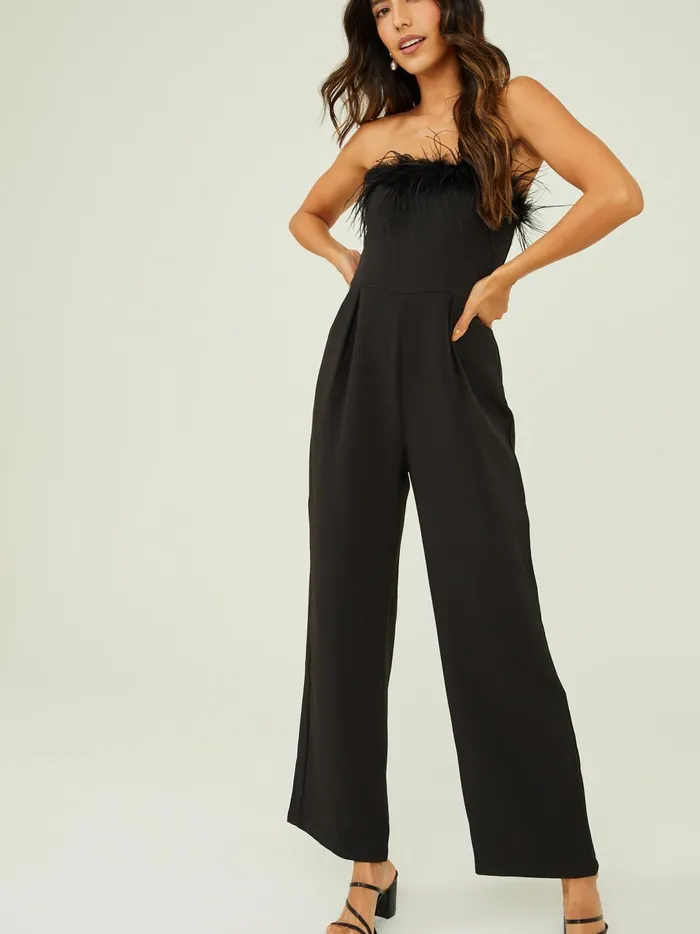 Women Leah Feather Trim Jumpsuit Black Altar039d State Rompers Jumpsuits