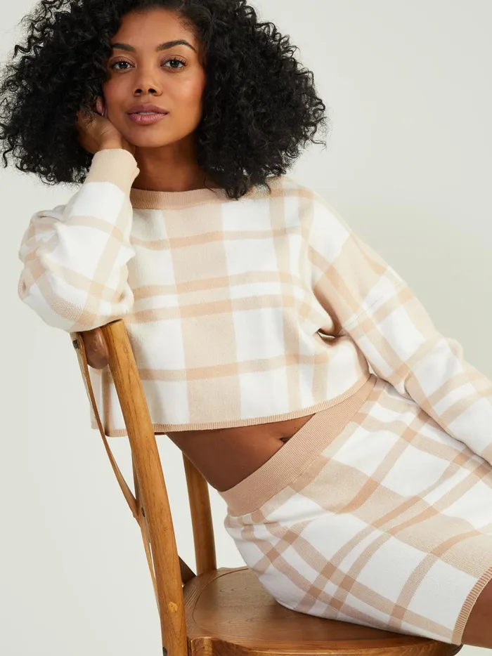 Women Lillian Plaid Sweater Beigewhite Altar039d State Sweaters