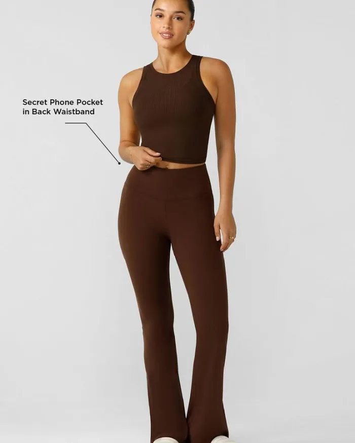 Women LORNA JANE Flare Leggings Effortless Phone Pocket Flared Leggings Espresso