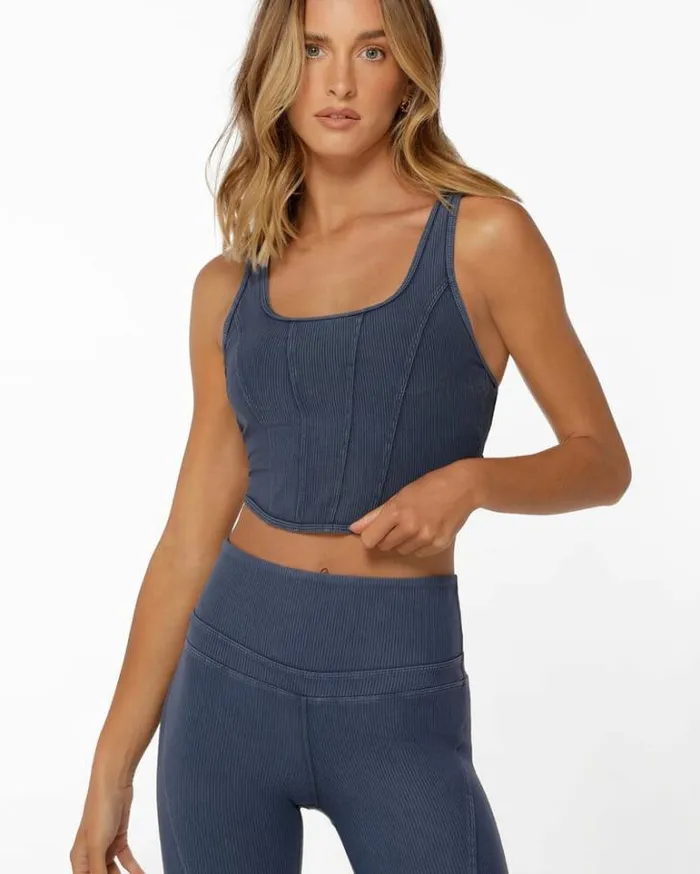 Women LORNA JANE Sports Bras Stride Washed Rib Tank Bra Combo Washed Pale Indigo