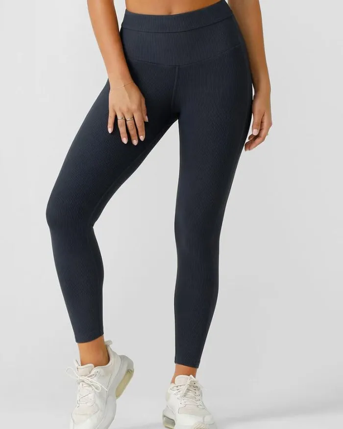 Women LORNA JANE Tights And Leggings Amplify Washed Rib Ankle Biter Leggings Washed Black