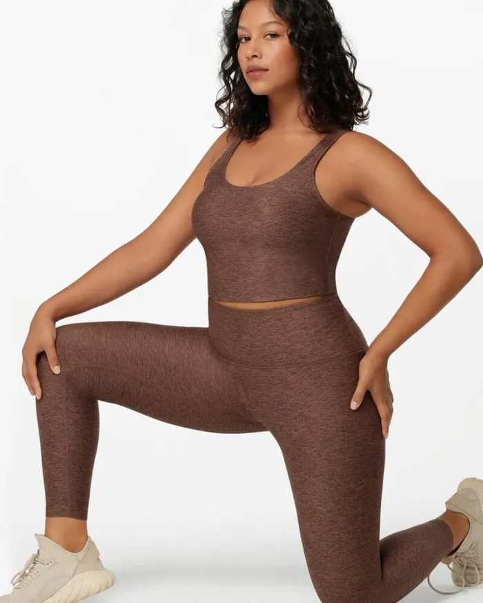Women LORNA JANE Tights And Leggings Thermo Tech High Fold Full Length Leggings Chocolate Marl Print