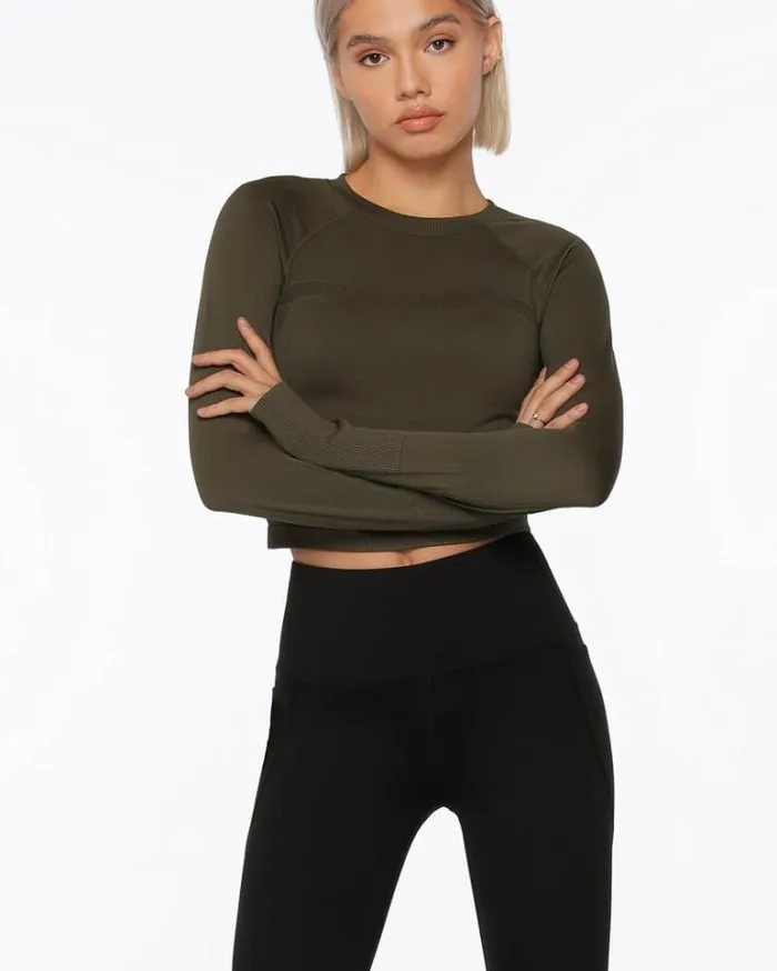 Women LORNA JANE Tops Dynamic Seamless Cropped Long Sleeve Top Luxury Green