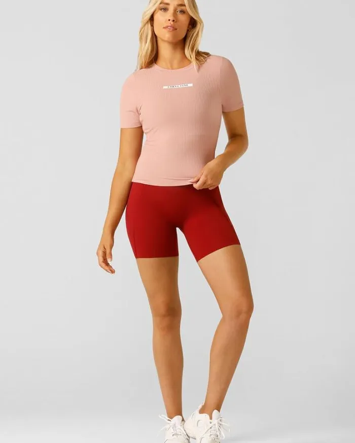 Women LORNA JANE Tops Easy Adjust Rib Short Sleeve Top Light Ash Rose