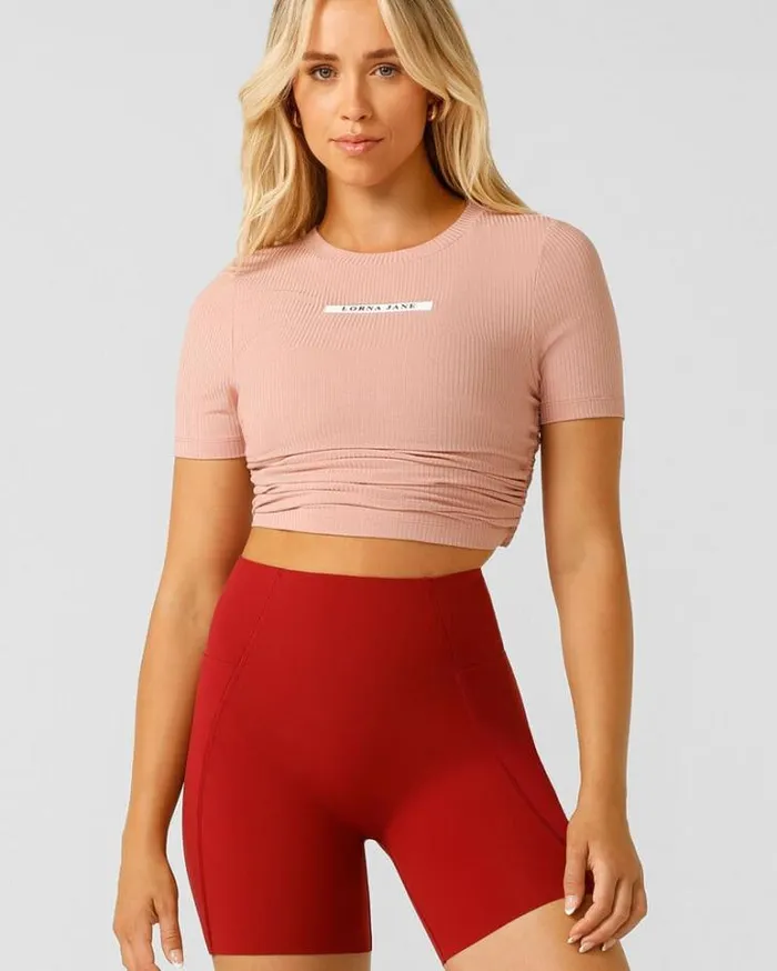 Women LORNA JANE Tops Easy Adjust Rib Short Sleeve Top Light Ash Rose