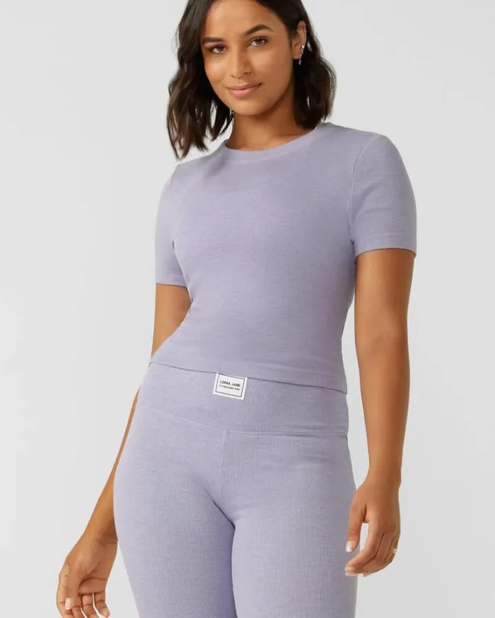 Women LORNA JANE Tops Modal Luxe Lounge Rib Tee Lavender Marl