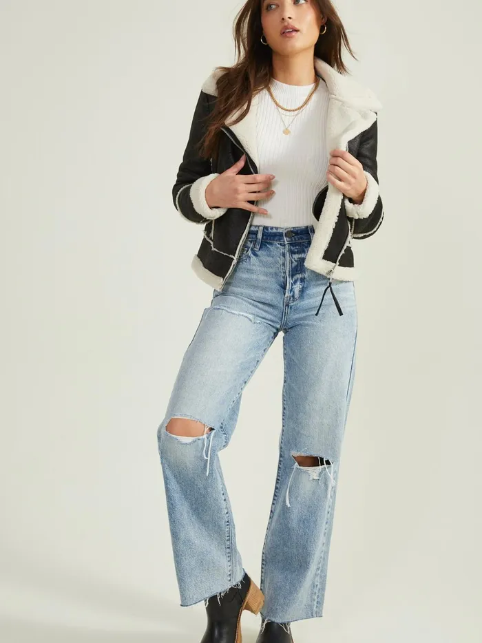 Women Lyric Sherpa Trim Moto Jacket Blackwhite Altar039d State Jackets