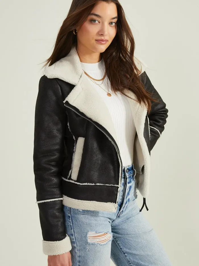 Women Lyric Sherpa Trim Moto Jacket Blackwhite Altar039d State Jackets
