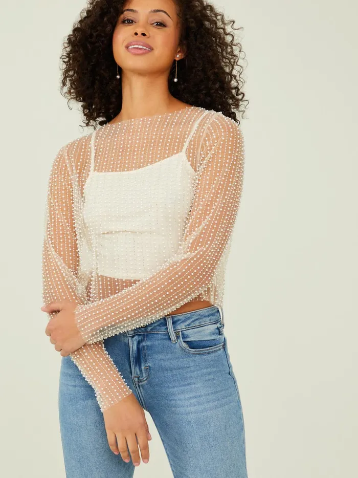 Women Maison Sheer Beaded Top Cream Altar039d State Blouses
