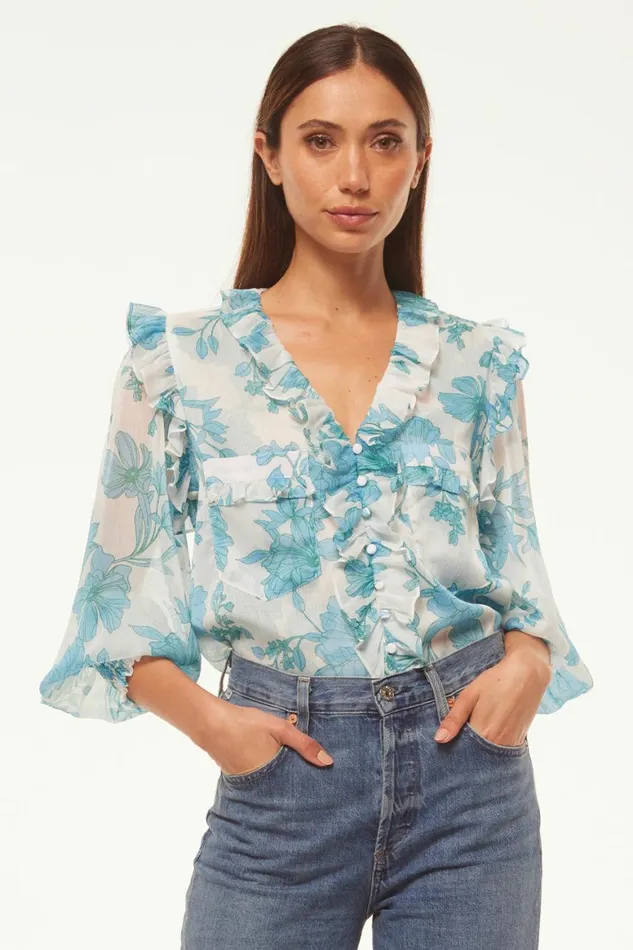 Women MISA Los Angeles Tops SACHA TOP Turquoise Flora Chiffon