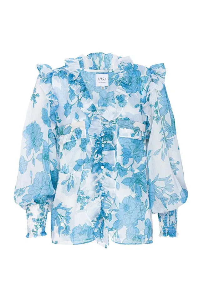Women MISA Los Angeles Tops SACHA TOP Turquoise Flora Chiffon