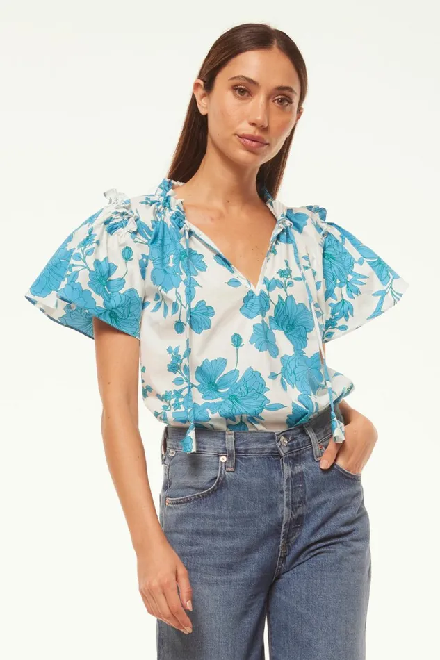 Women MISA Los Angeles Tops SUPARNA TOP Turquoise Flora Poplin