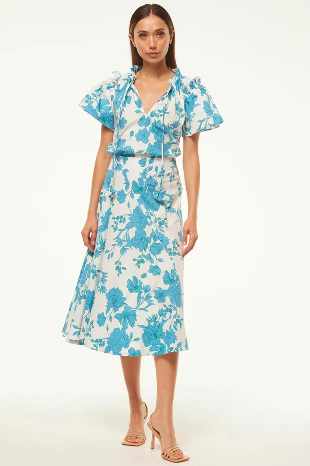 Women MISA Los Angeles Tops SUPARNA TOP Turquoise Flora Poplin