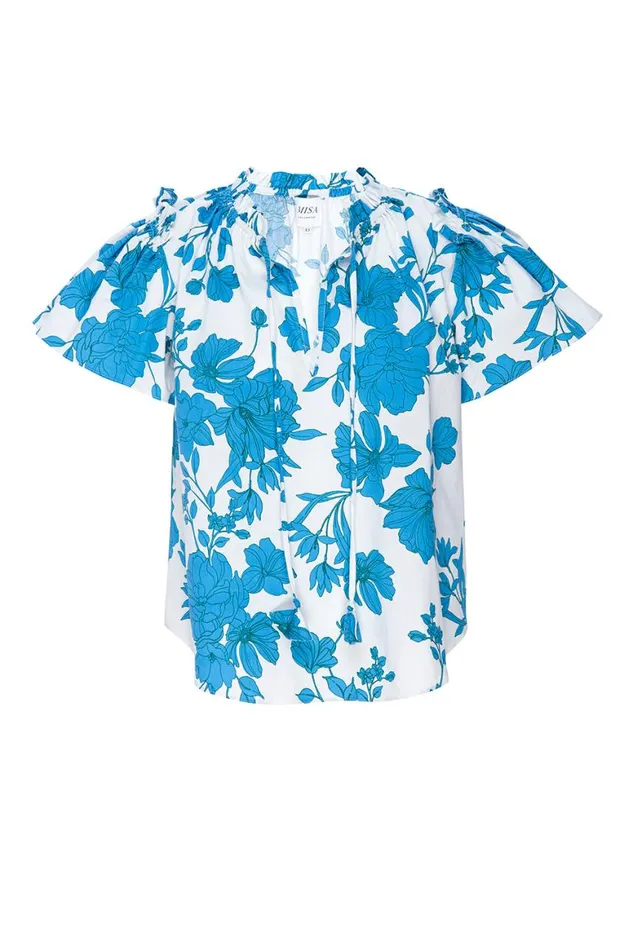 Women MISA Los Angeles Tops SUPARNA TOP Turquoise Flora Poplin