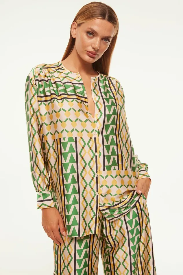 Women MISA Los Angeles Tops TEODORA TOP Limoncello Geo Satin