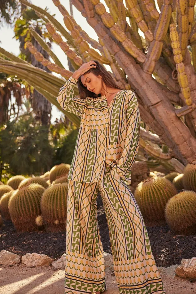 Women MISA Los Angeles Tops TEODORA TOP Limoncello Geo Satin