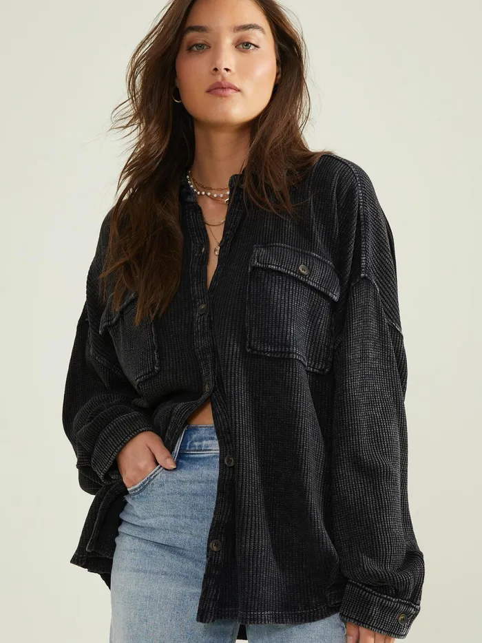Women Neva Thermal Button Down Top Black Altar039d State Blouses