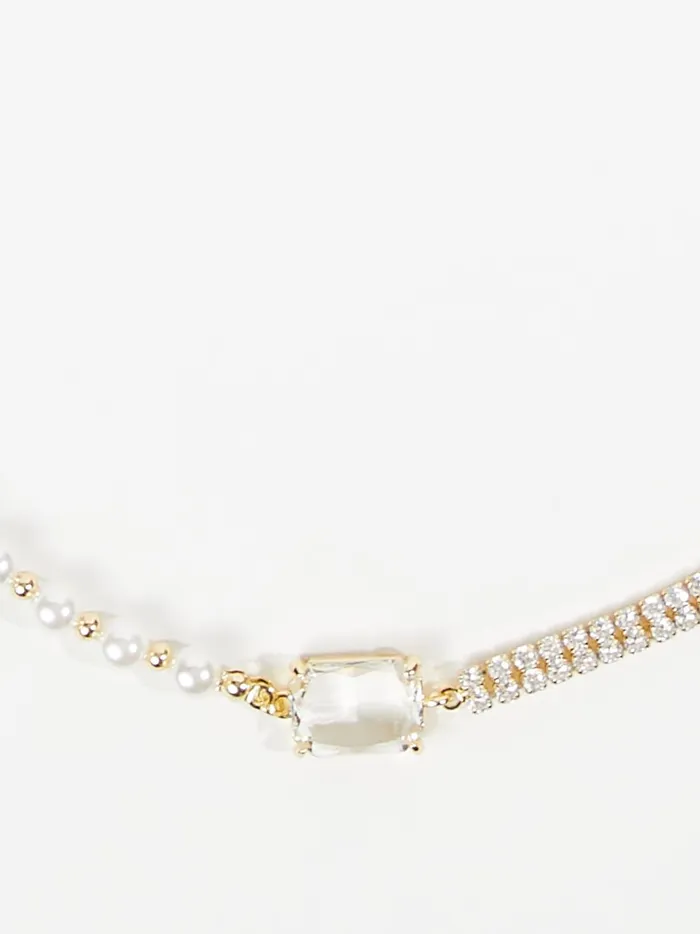 Women Pearl Crystal Dual Choker Necklace Gold Altar039d State Jewelry