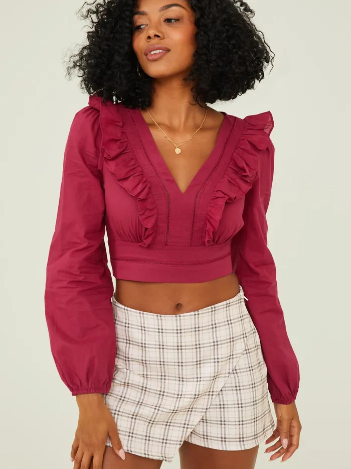 Women Romy Ruffle VNeck Top Wine Altar039d State Blouses