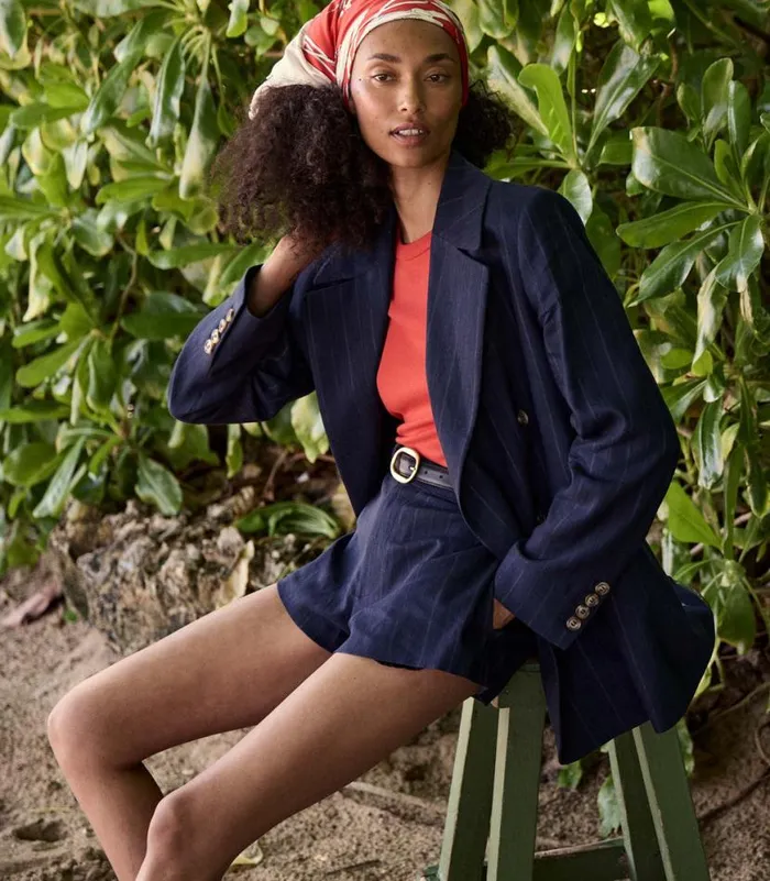 YVAINE SHORT Navy Pinstripe Shop DEN Pants and Shorts