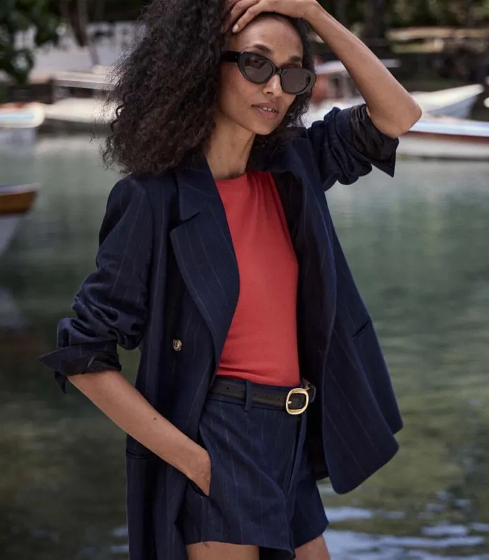 YVAINE SHORT Navy Pinstripe Shop DEN Pants and Shorts